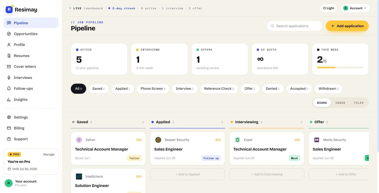 Resimay pipeline tracker showing active job applications, match scores, and status