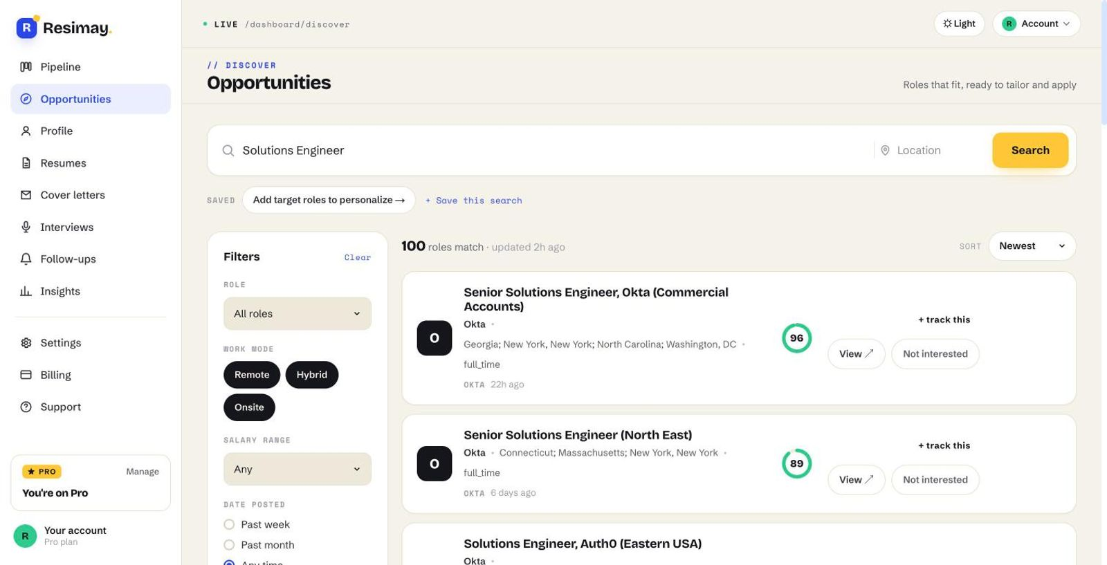 Resimay job discovery showing roles matched to your preferences
