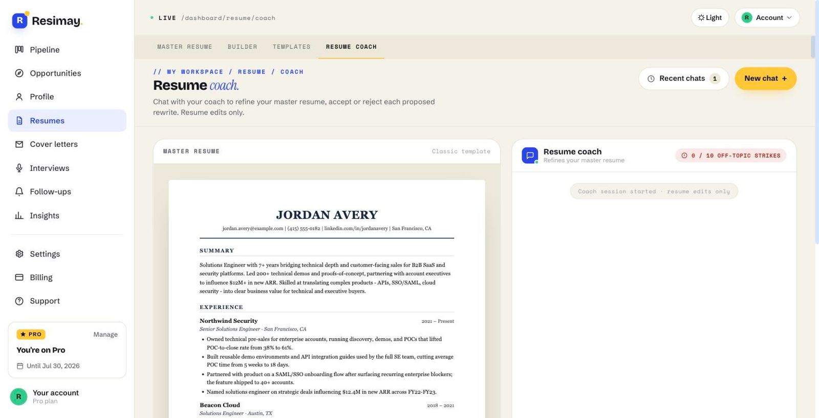 Resimay resume coach suggesting improvements to a master resume